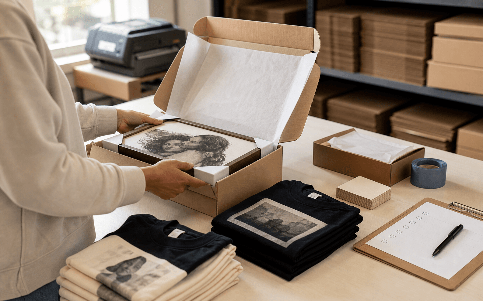 Personalized gift packing station with shirts and portrait print