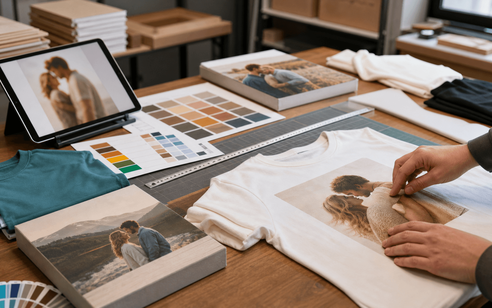Custom print quality review table with shirt and portrait samples