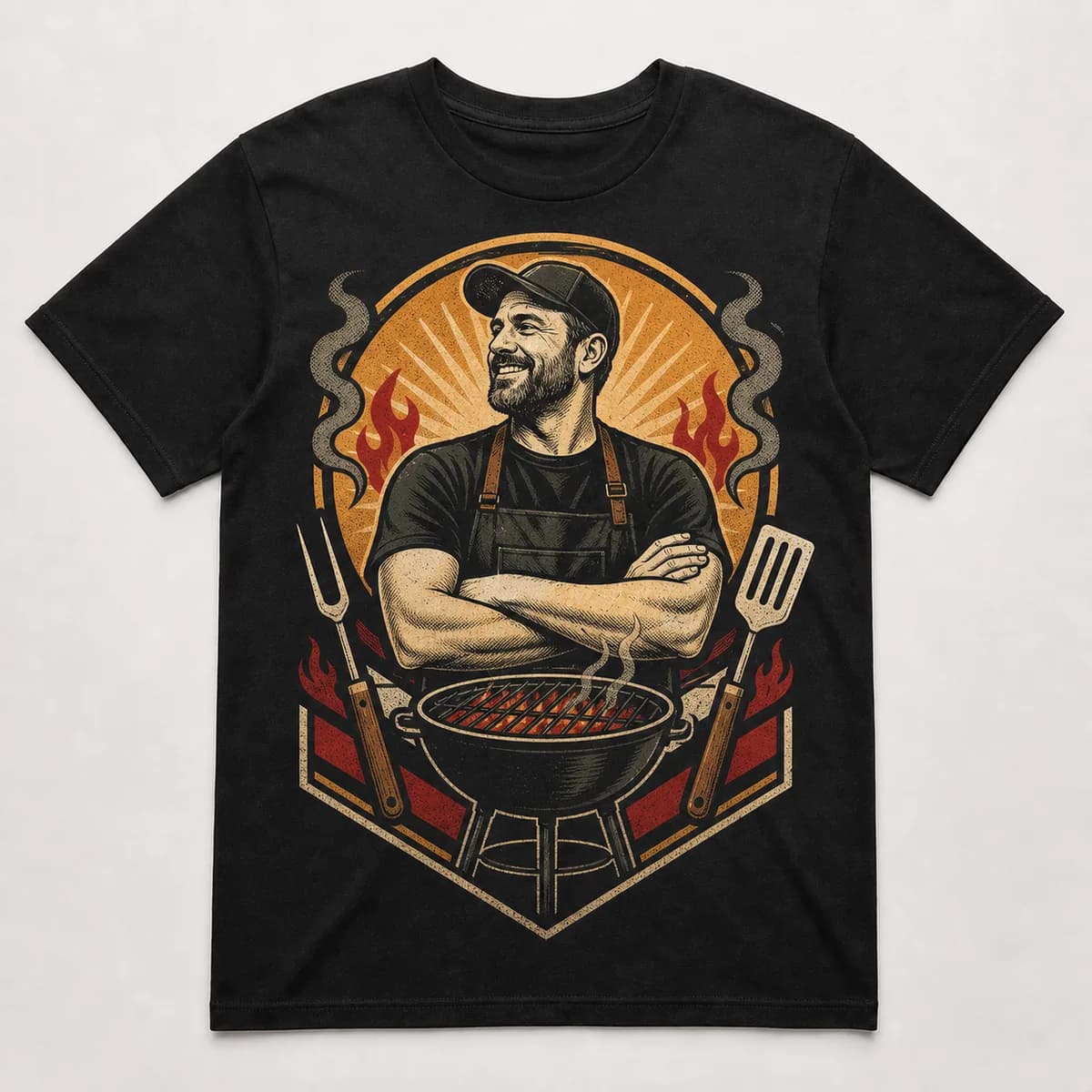 Finished BBQ Master custom T-shirt with portrait badge artwork