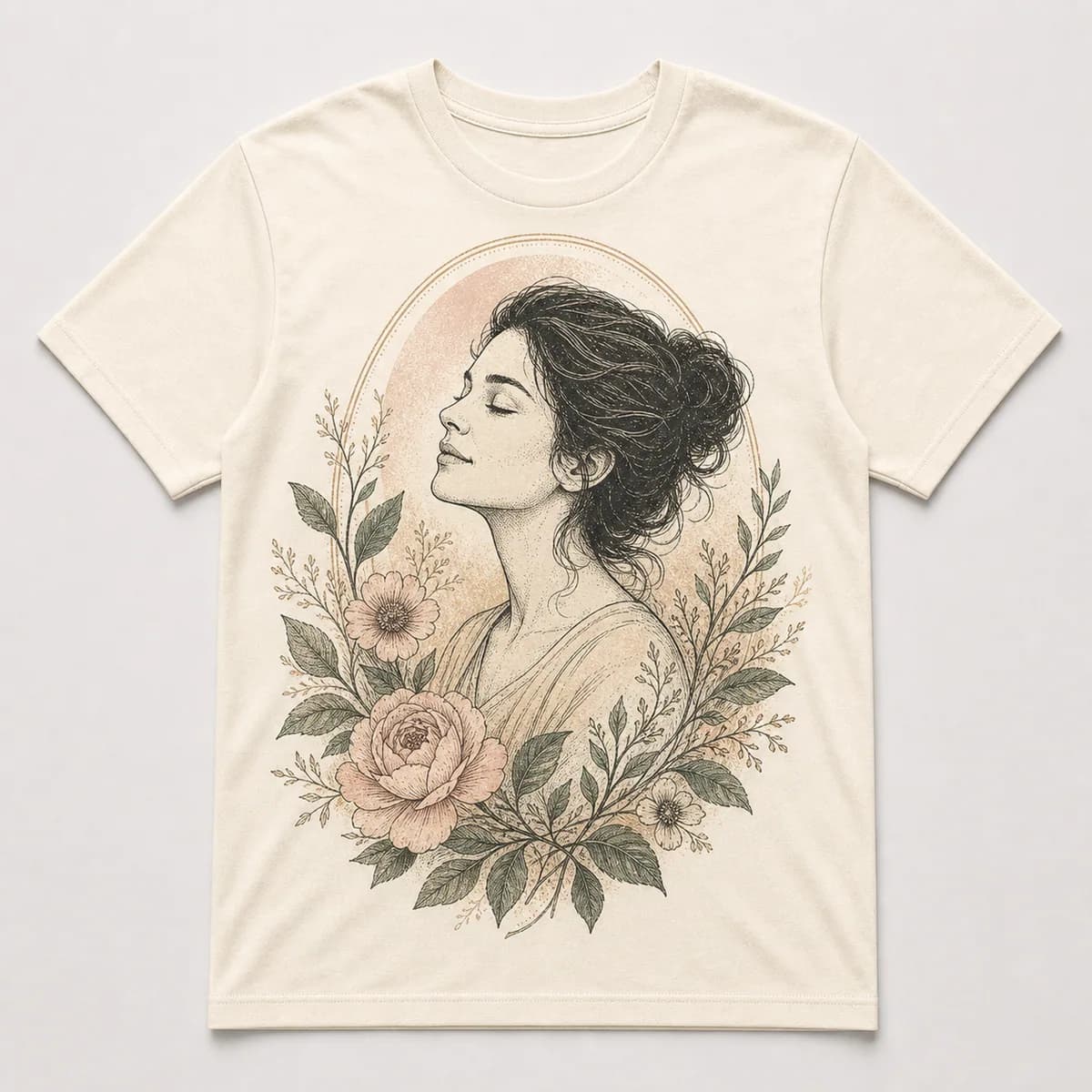 Finished botanical line art custom T-shirt with soft portrait details