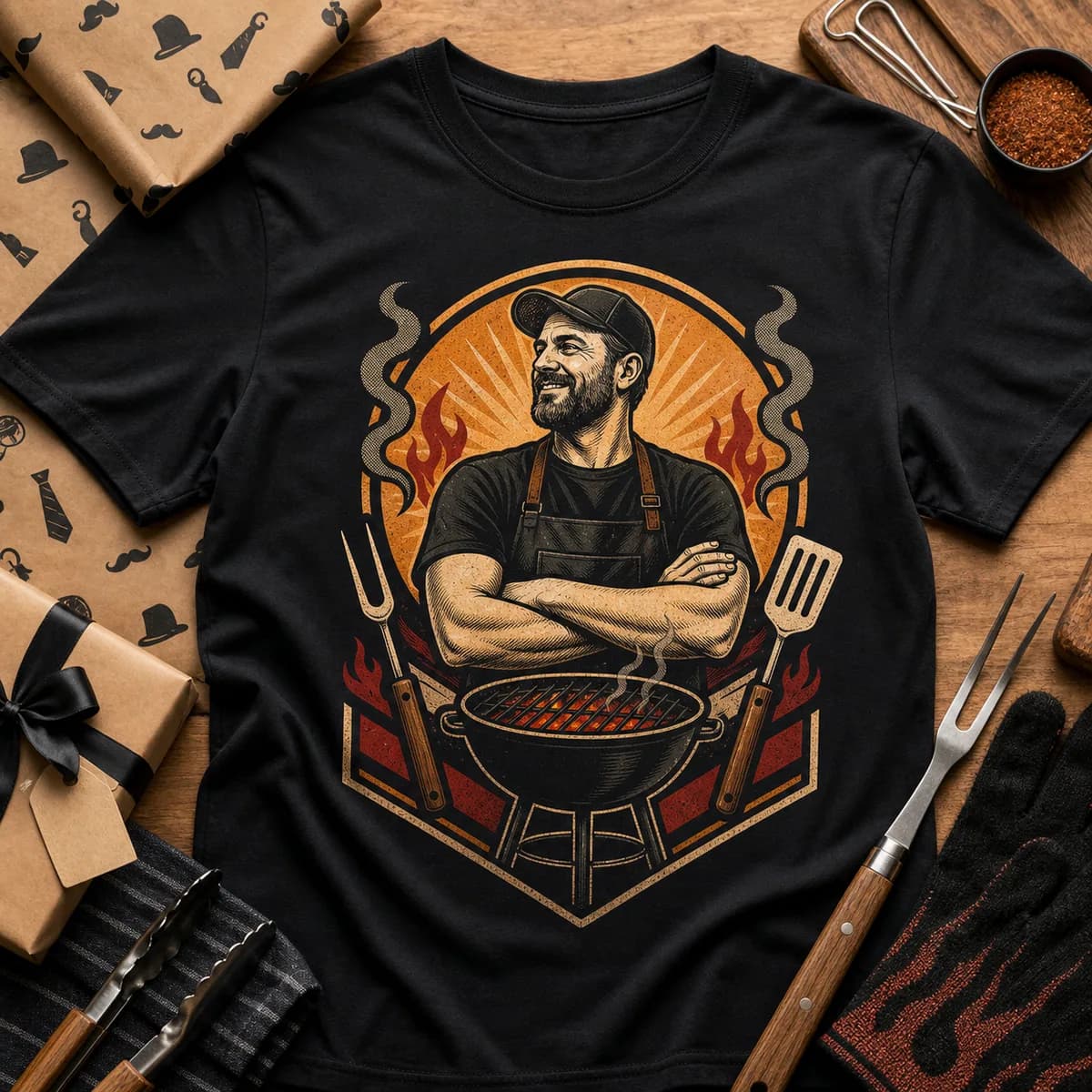 Finished black BBQ Master custom T-shirt laid flat with gift props
