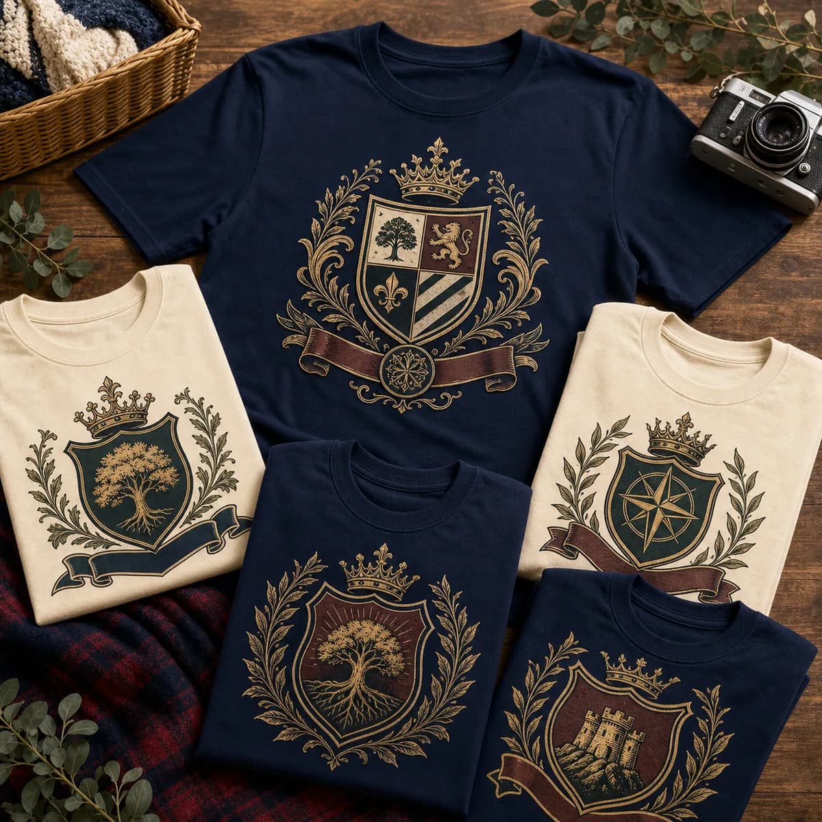 Multiple custom family crest shirts arranged as a matching set