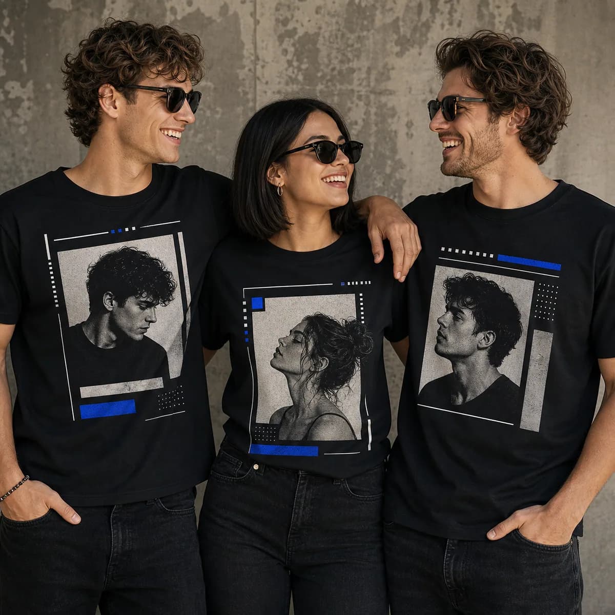Three people wearing matching minimal portrait custom T-shirts
