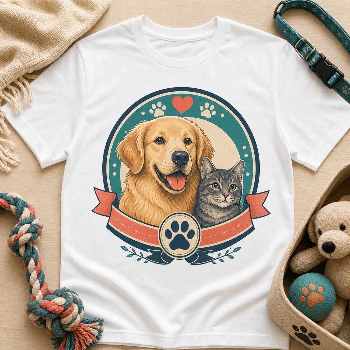 Finished white pet club custom T-shirt shown with pet accessories