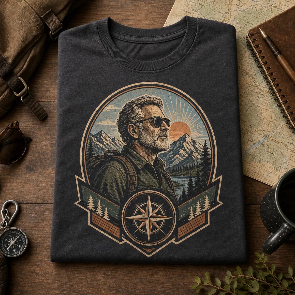 Finished dark retirement adventure custom T-shirt with outdoor badge artwork