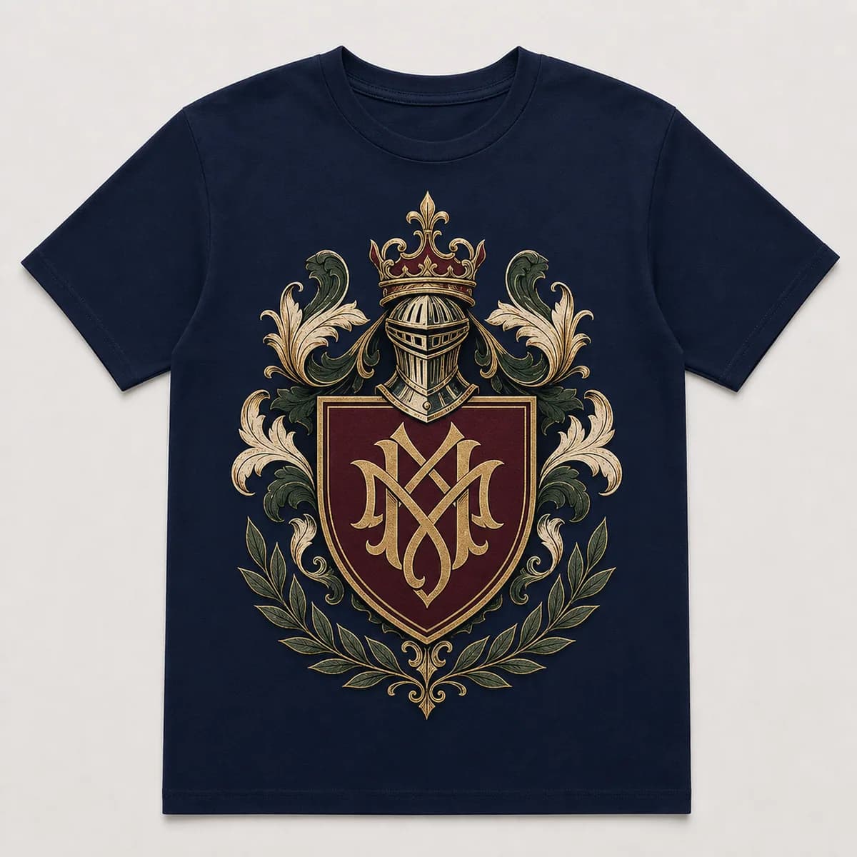 Finished custom royal crest T-shirt with family-style badge artwork