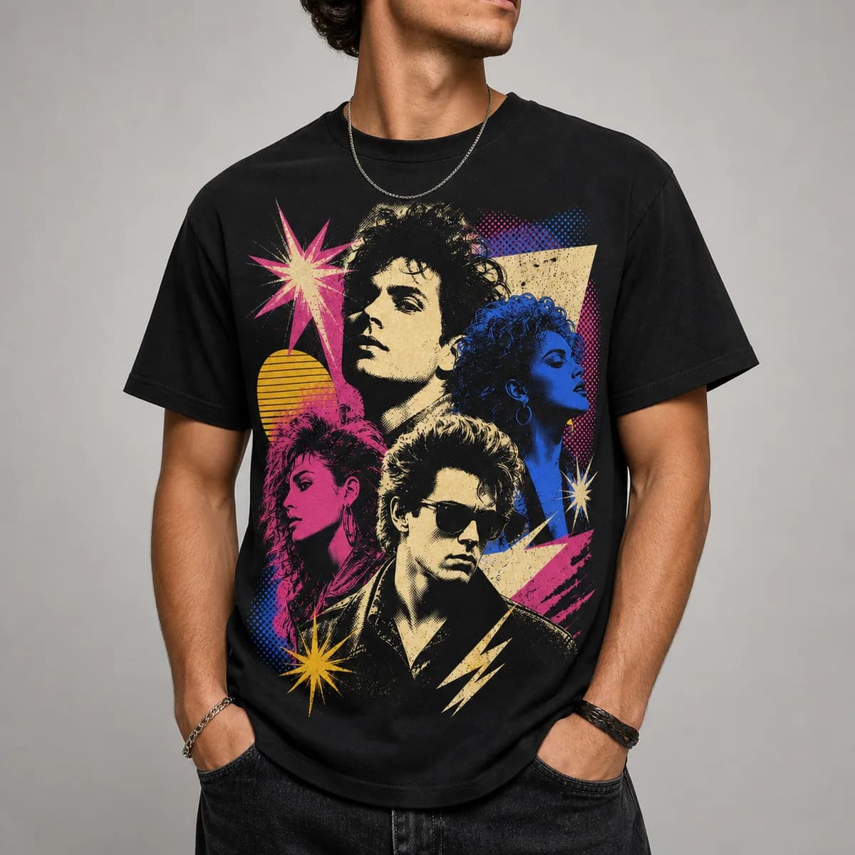 Model wearing a black custom vintage bootleg portrait T-shirt