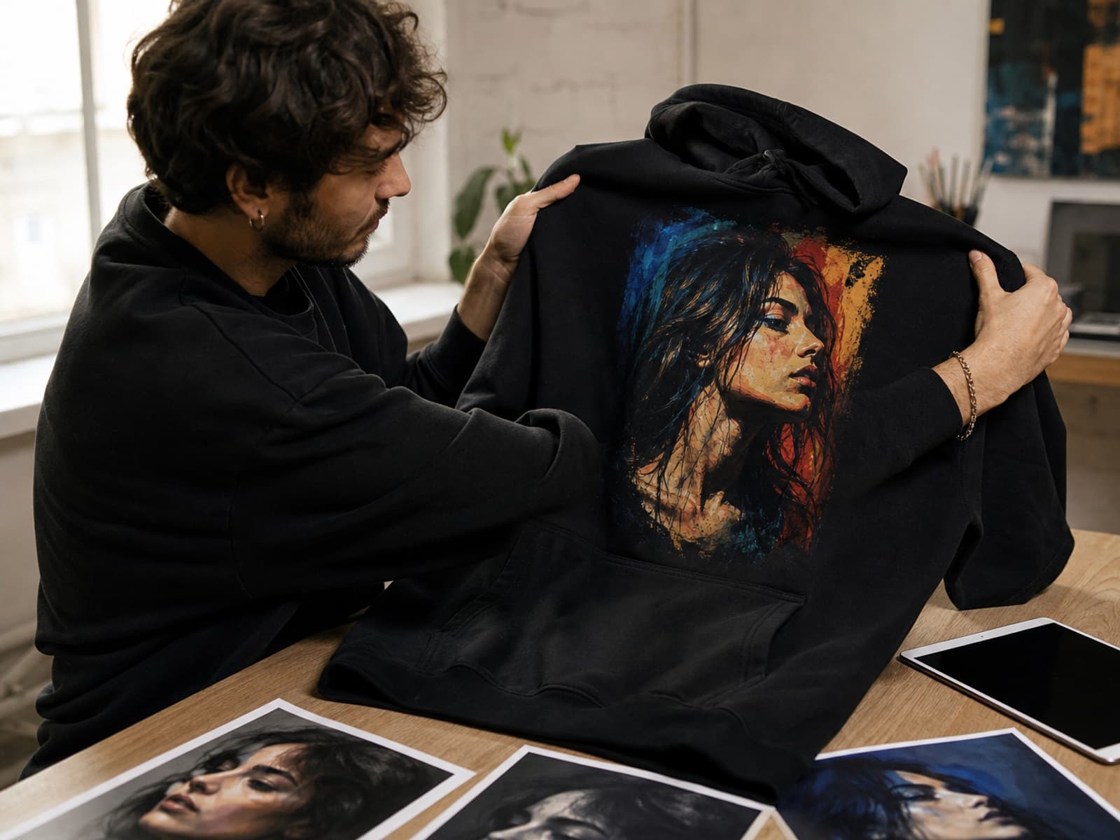 Creator preparing artwork for a custom hoodie