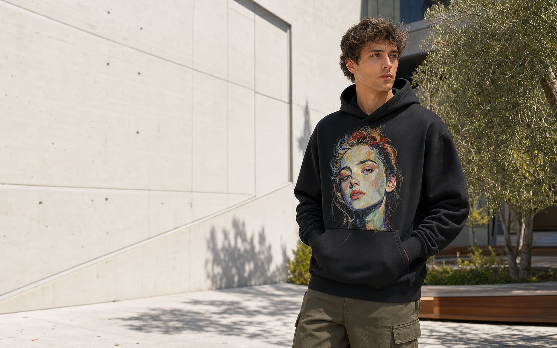 Model wearing a custom printed black pullover hoodie